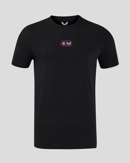 Black Rangers cotton T shirt with small chest badge featuring Rangers crest and Castore