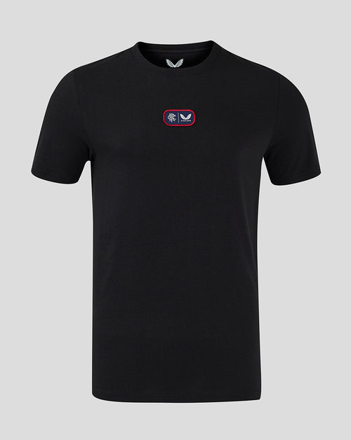 Black Rangers cotton T shirt with small chest badge featuring Rangers crest and Castore