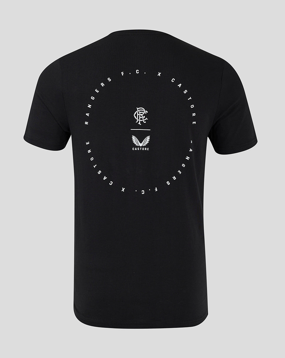 Back view of black Rangers cotton T shirt featuring a circular white logo with a crest at the center