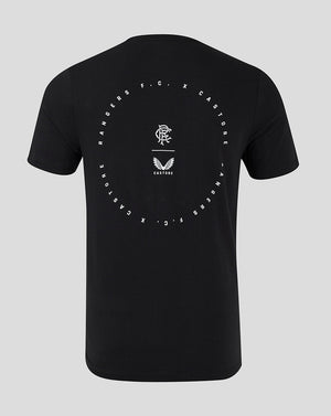 Back view of black Rangers cotton T shirt featuring a circular white logo with a crest at the center