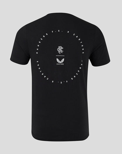 Back view of black Rangers cotton T shirt featuring a circular white logo with a crest at the center