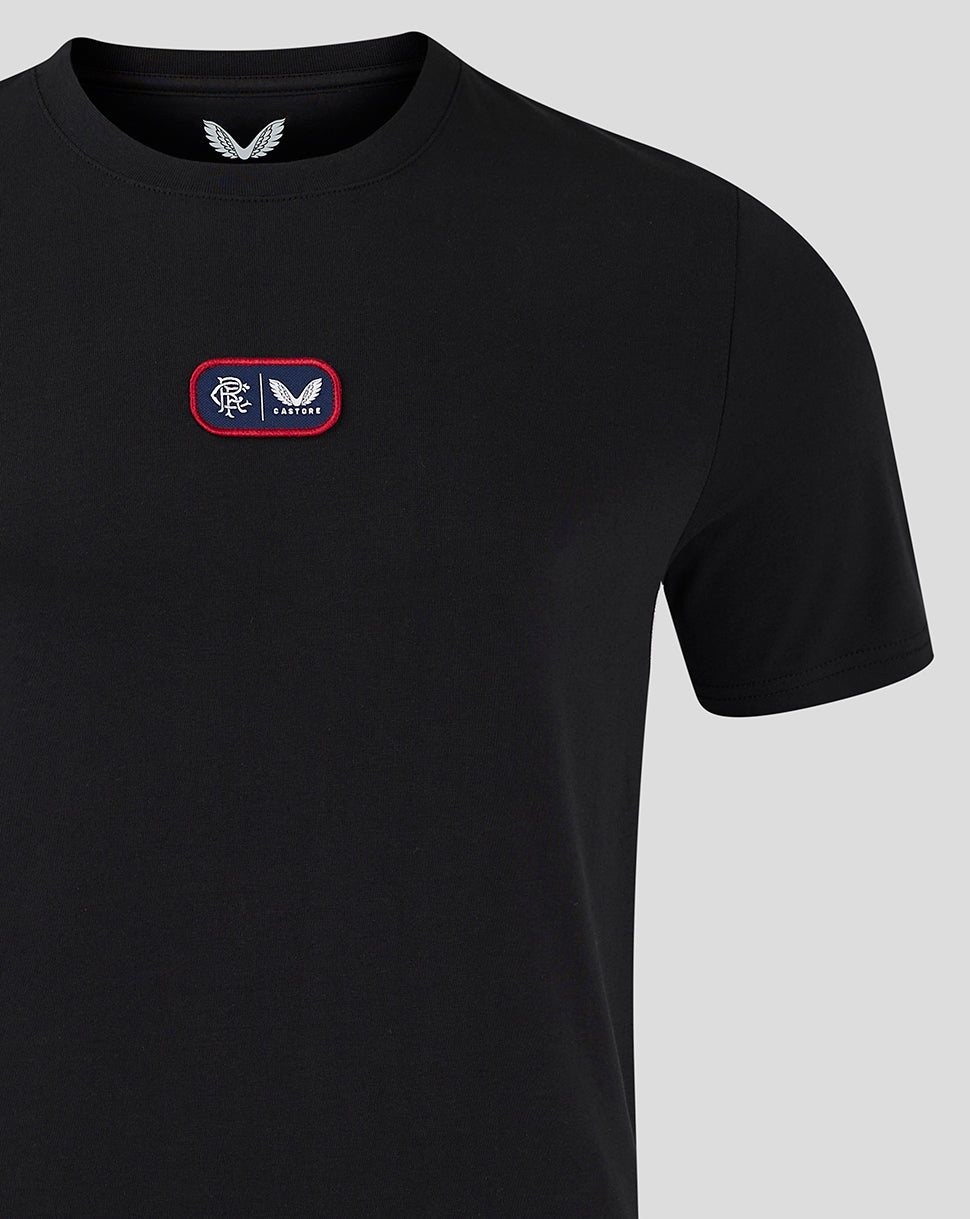 Front view of black Rangers T shirt with small red bordered chest patch showing crest and Castore branding