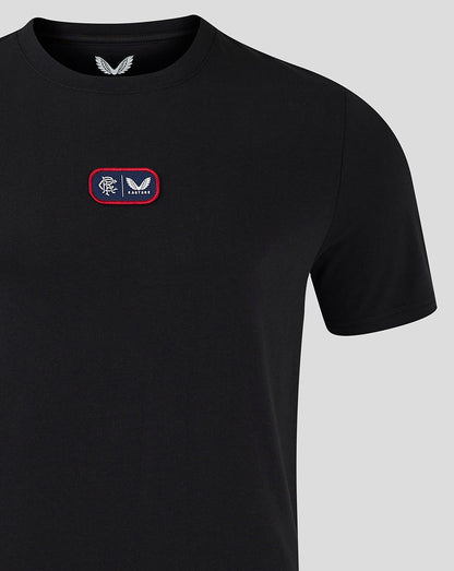Front view of black Rangers T shirt with small red bordered chest patch showing crest and Castore branding
