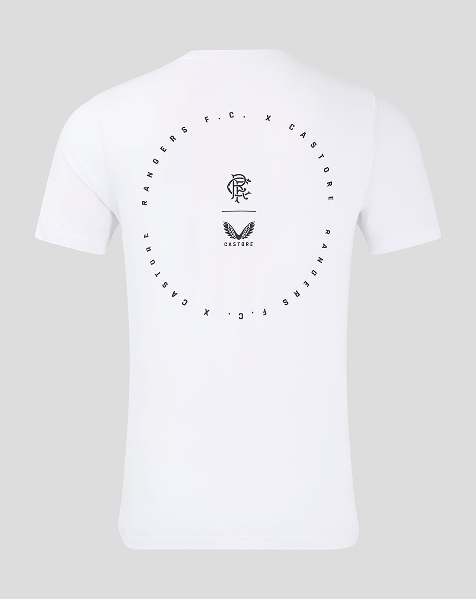 Back view of white Rangers FC x Castore cotton T shirt with circular logo design centered on the back