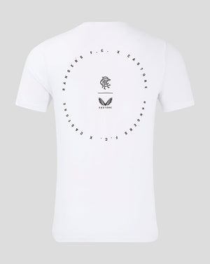 Back view of white Rangers FC x Castore cotton T shirt with circular logo design centered on the back