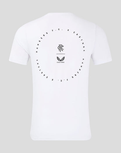Back view of white Rangers FC x Castore cotton T shirt with circular logo design centered on the back