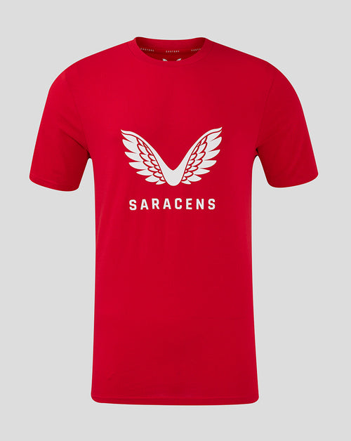 Red Saracens Men's 24/25 Training Logo Tee featuring a large white winged crest on the chest