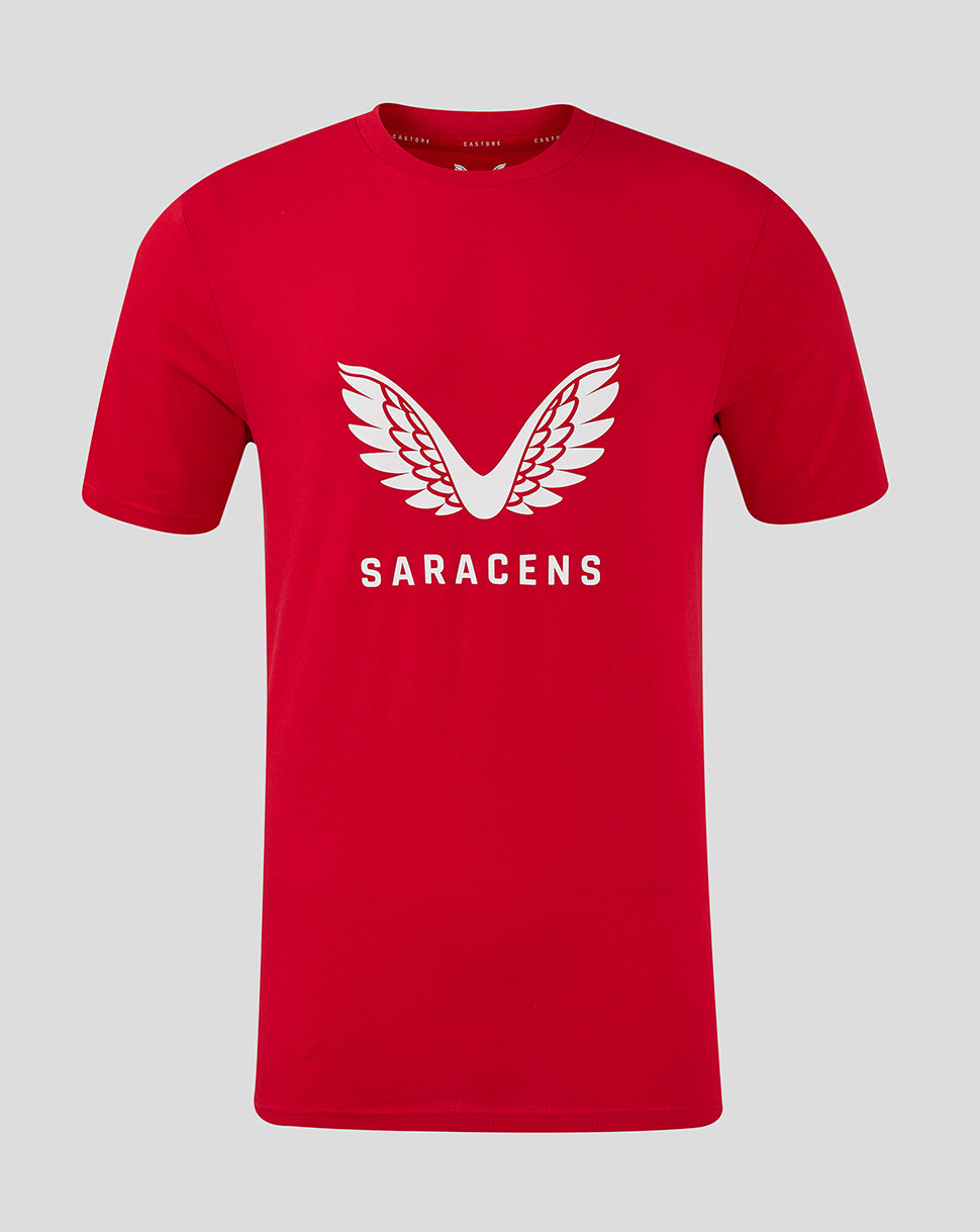 Front view of red Saracens junior training logo tee with large white wing emblem and SARACENS text