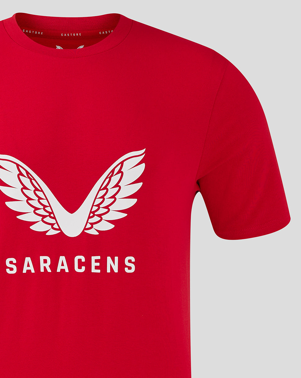 Red Saracens Junior training tee featuring a large white wing logo on the chest