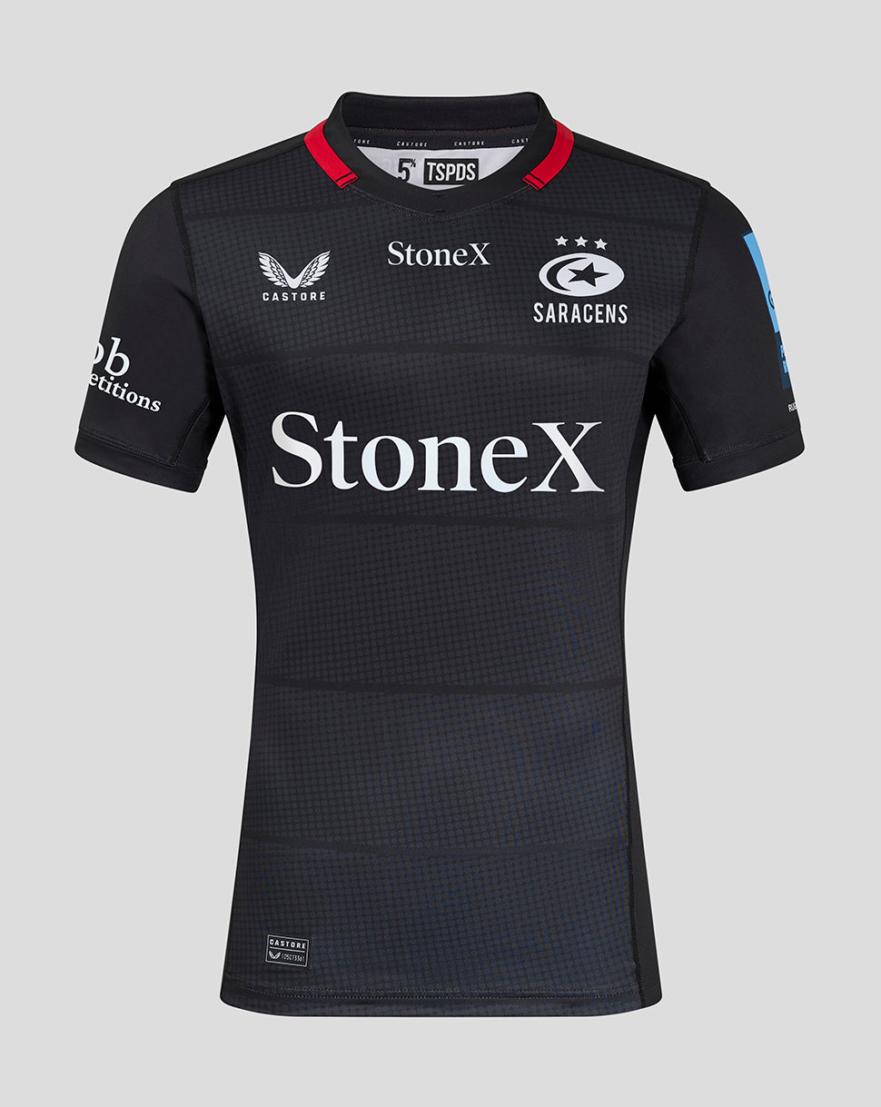 Front view of Saracens men's 24/25 home pro shirt in black with StoneX sponsor and Saracens crest