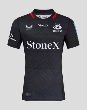 Front view of Saracens men's 24/25 home pro shirt in black with StoneX sponsor and Saracens crest