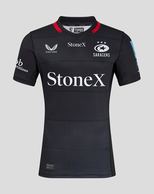 Front view of Saracens men's 24/25 home pro shirt in black with StoneX sponsor and Saracens crest