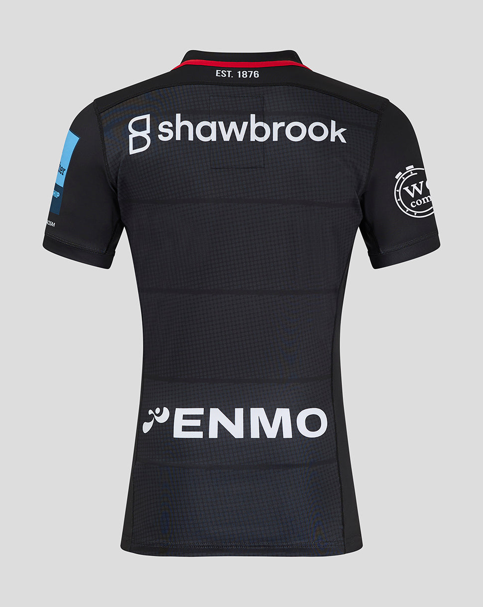 Back view of Saracens Home Pro Shirt featuring Shawbrook across upper back and ENMO branding toward lower back.