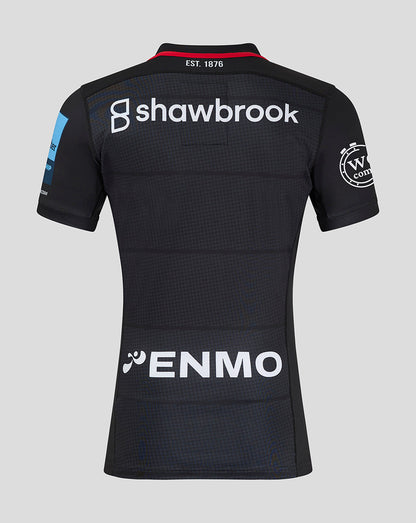 Back view of Saracens Home Pro Shirt featuring Shawbrook across upper back and ENMO branding toward lower back.