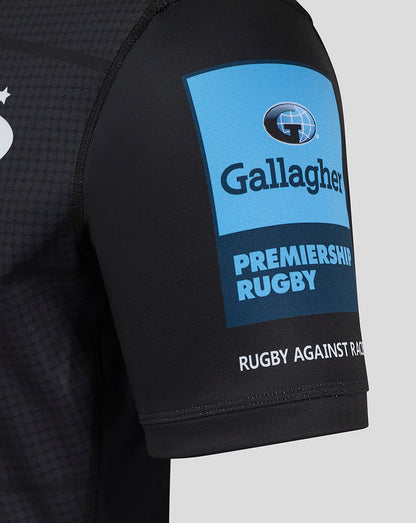 Shoulder view of Saracens Home Pro Shirt highlighting blue Gallagher Premier Rugby patch on sleeve.
