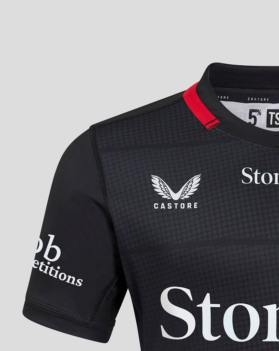Close-up of Saracens Home Pro Shirt chest with Castore branding and red collar trim.