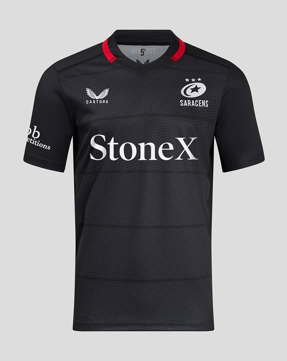 Front view of Saracens 24/25 home replica rugby shirt in black with StoneX sponsor across chest and club crest.
