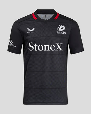Front view of Saracens 24/25 home replica rugby shirt in black with StoneX sponsor across chest and club crest.