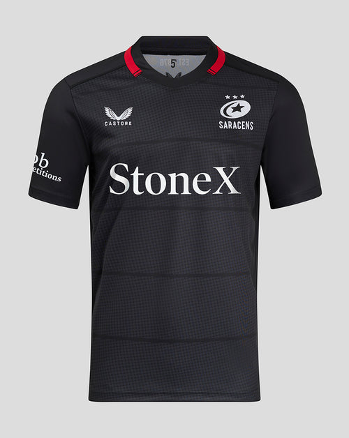 Front view of Saracens 24/25 home replica rugby shirt in black with StoneX sponsor across chest and club crest.