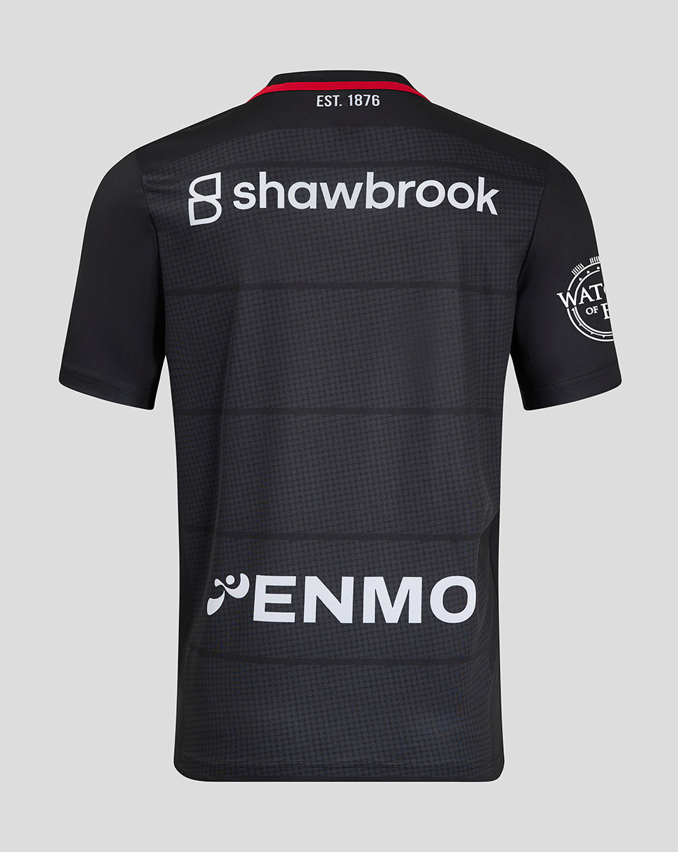 Back view of Saracens 24/25 home jersey with Shawbrook across upper back and ENMO logo lower back.