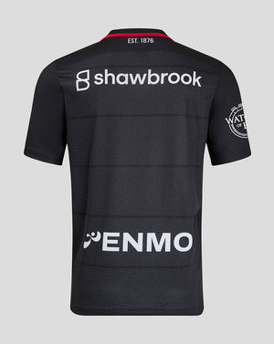 Back view of Saracens 24/25 home jersey with Shawbrook across upper back and ENMO logo lower back.