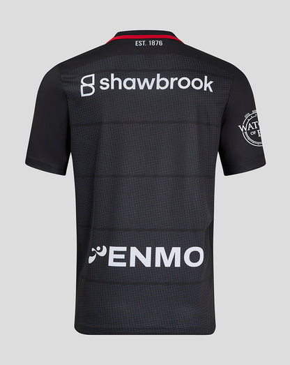 Back view of Saracens 24/25 home jersey with Shawbrook across upper back and ENMO logo lower back.