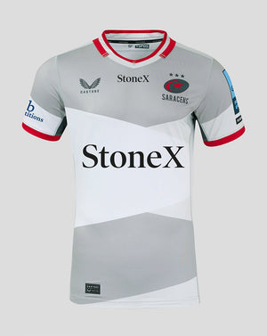 Front view of Saracens Pro Away Shirt 24/25 with StoneX sponsor and team crest on chest