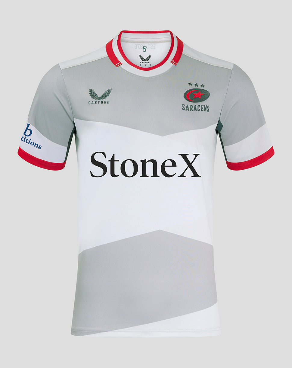 Front view of Saracens men's away shirt with white body grey diagonal panels and the Stonex sponsor across the chest