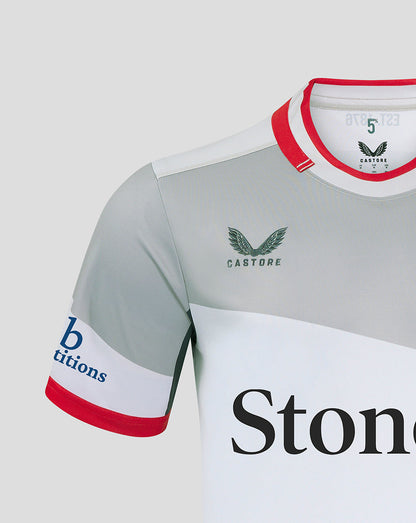 Front view of pale grey away shirt with large Stone sponsor text across the white chest panel and crest on the left chest.
