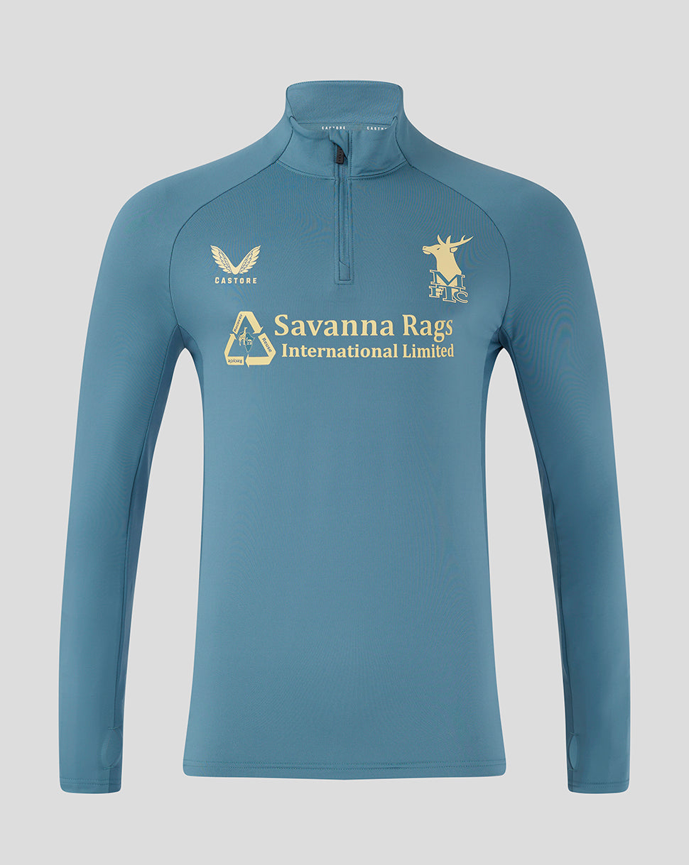 Front view of light blue Mansfield training quarter zip top with funnel collar and crest logos.