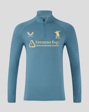 Front view of light blue Mansfield training quarter zip top with funnel collar and crest logos.