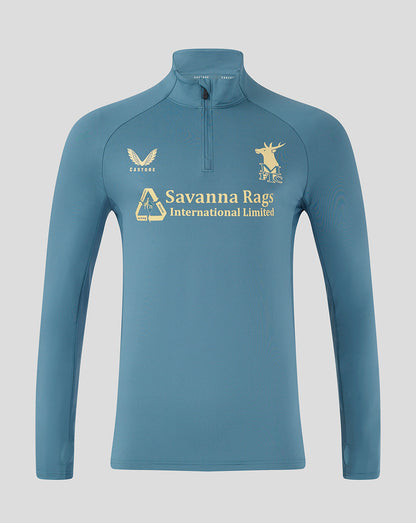 Front view of light blue Mansfield training quarter zip top with funnel collar and crest logos.