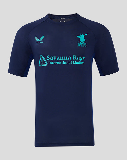Navy Mansfield Training Short Sleeve Tee with turquoise Castore logo left chest right chest and Savanna Rags sponsor text across the front