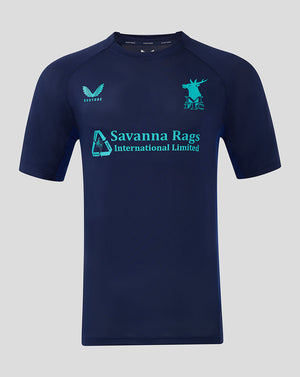 Front view of navy Mansfield junior training tee with turquoise Savanna Rags logo across the chest