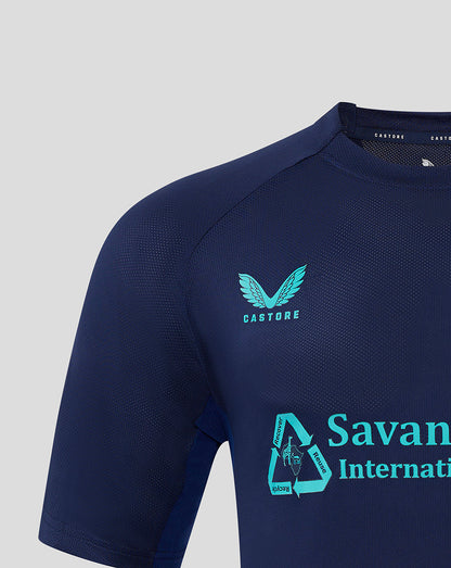 Front close-up of navy Mansfield Training Short Sleeve Tee showing turquoise crest on left chest and Castore branding near the collar