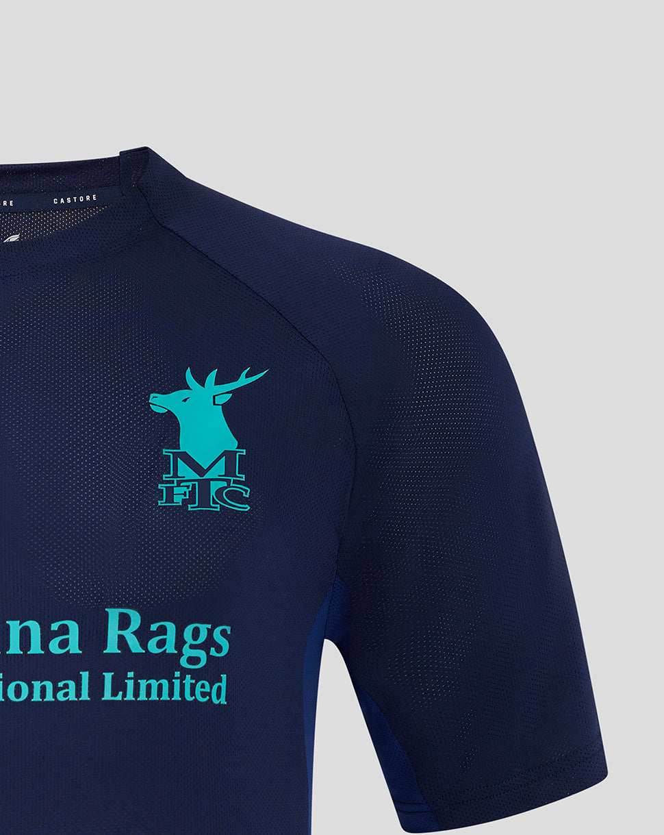 Left chest close-up of navy Mansfield Training Short Sleeve Tee with turquoise crest and large sponsor graphic across the front