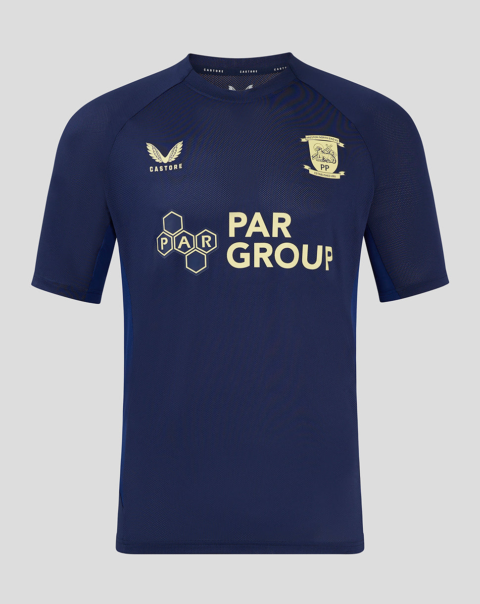 Front view of navy junior training T shirt with left chest crest and PAR GROUP logo