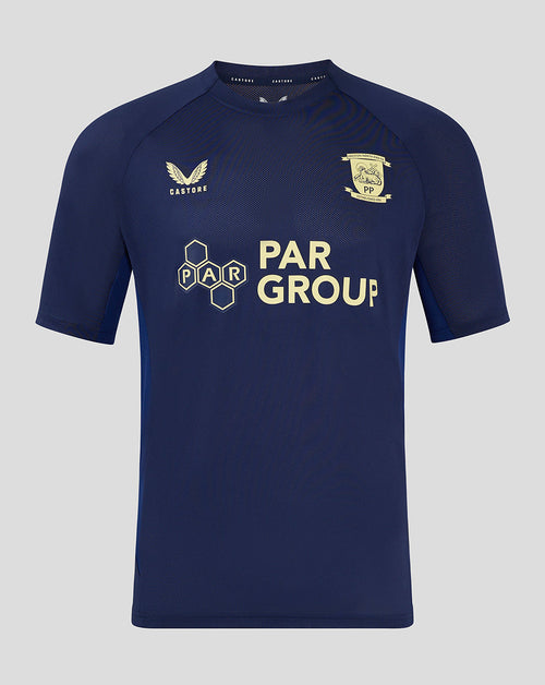 Navy men's short sleeve training T shirt with PAR GROUP logo across the front, crest on the left chest and Castore logo on the right, perforated mesh fabric.