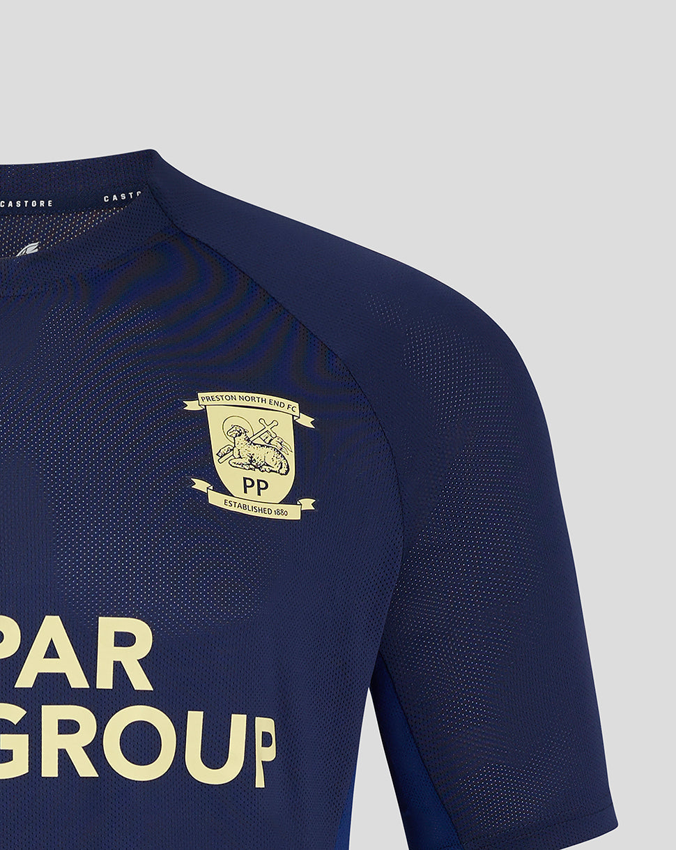 Navy junior training T shirt with cream Preston North End crest on left chest and PAR GROUP lettering across the front