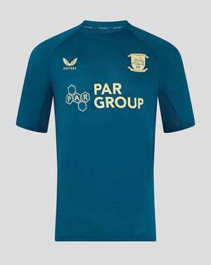 Blue Preston North End training short sleeve T shirt with club crest and sponsor logos