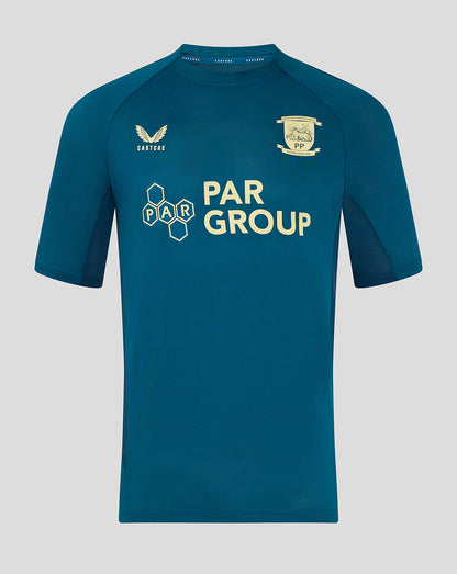 Blue Preston North End training short sleeve T shirt with club crest and sponsor logos
