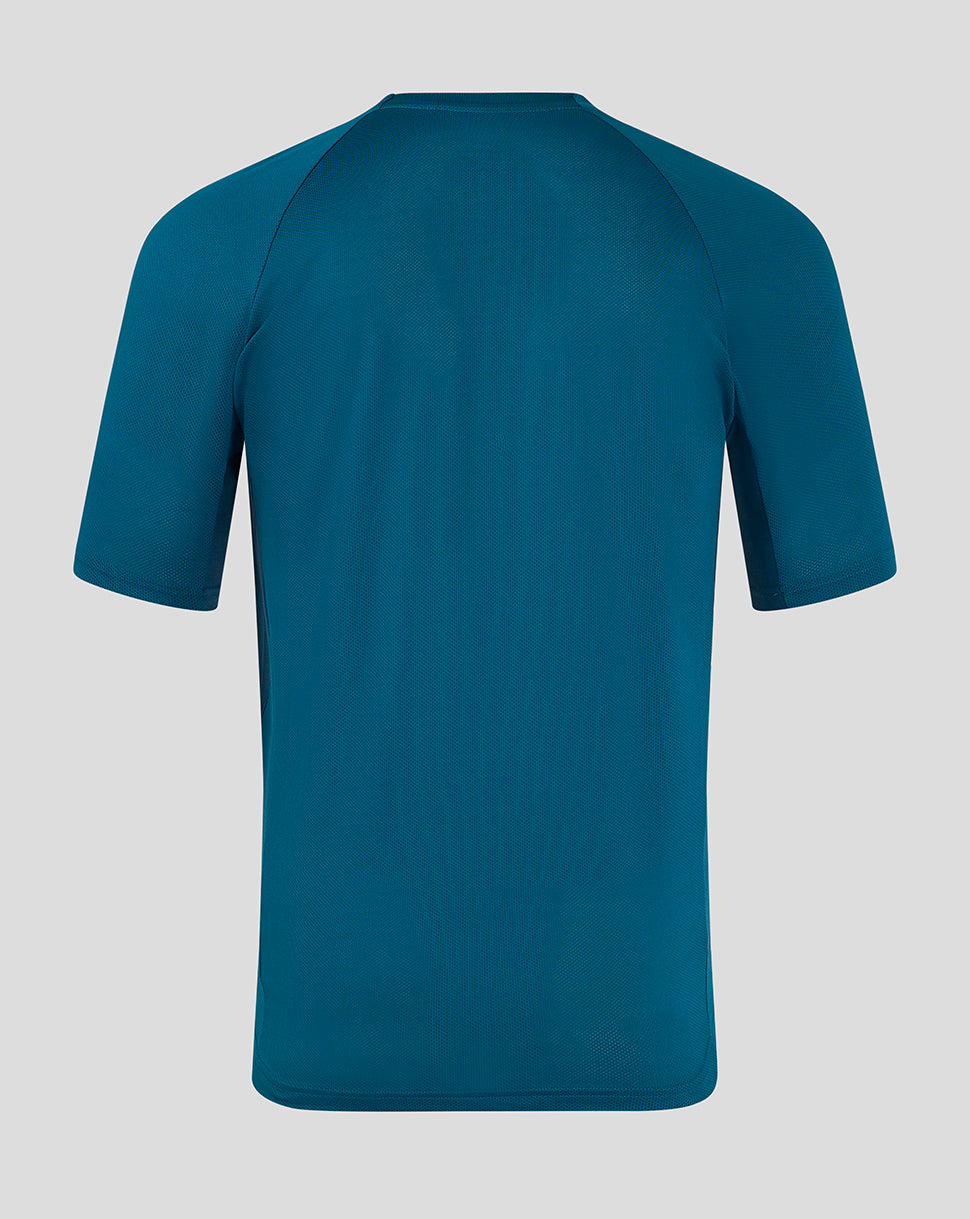 Back view of teal blue Preston training T shirt showing raglan sleeves and shoulder panels.