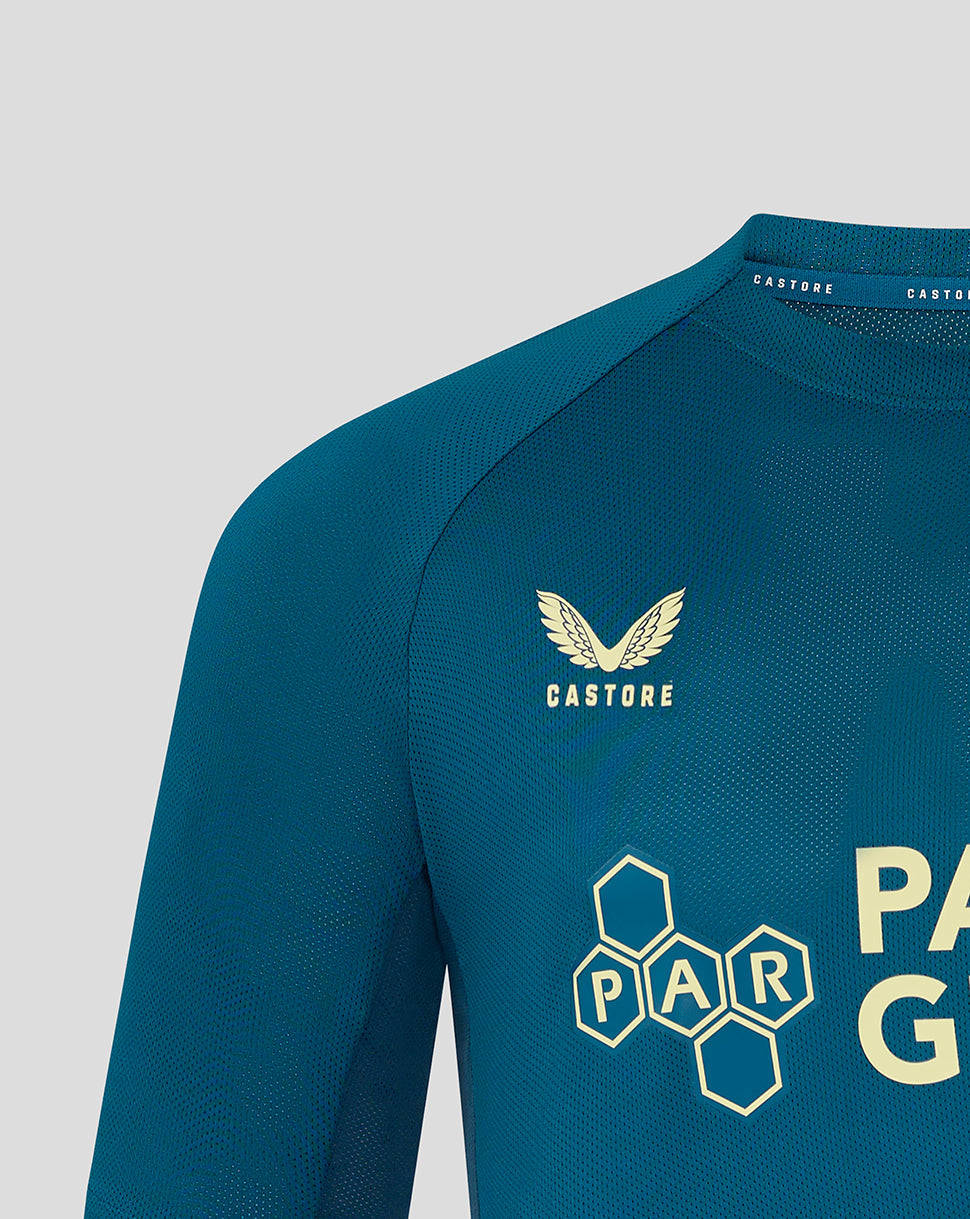 Blue Preston training T shirt with Castore crest on left chest and Castore logo on right chest and color blocked side panels.