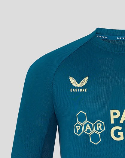 Blue Preston training T shirt with Castore crest on left chest and Castore logo on right chest and color blocked side panels.