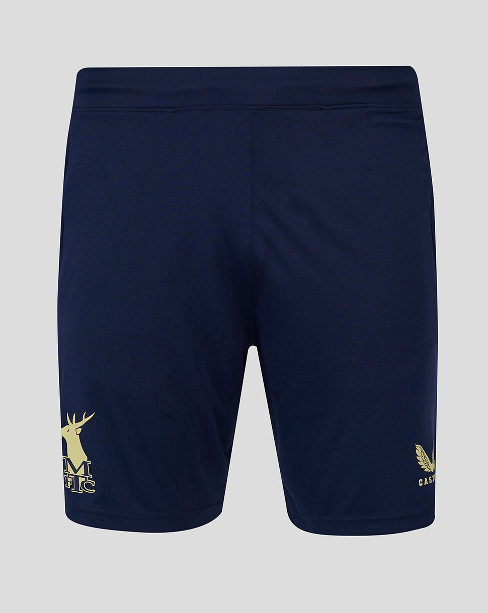 Navy Mansfield training shorts with slim fit and side panels, elastic waistband, zipped pockets, gold crest and Castore branding on legs.