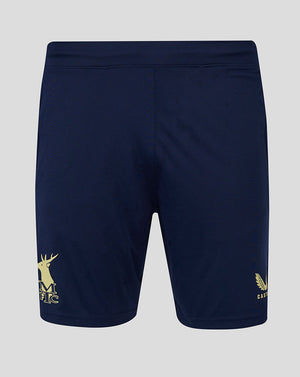Navy Mansfield training shorts with slim fit and side panels, elastic waistband, zipped pockets, gold crest and Castore branding on legs.