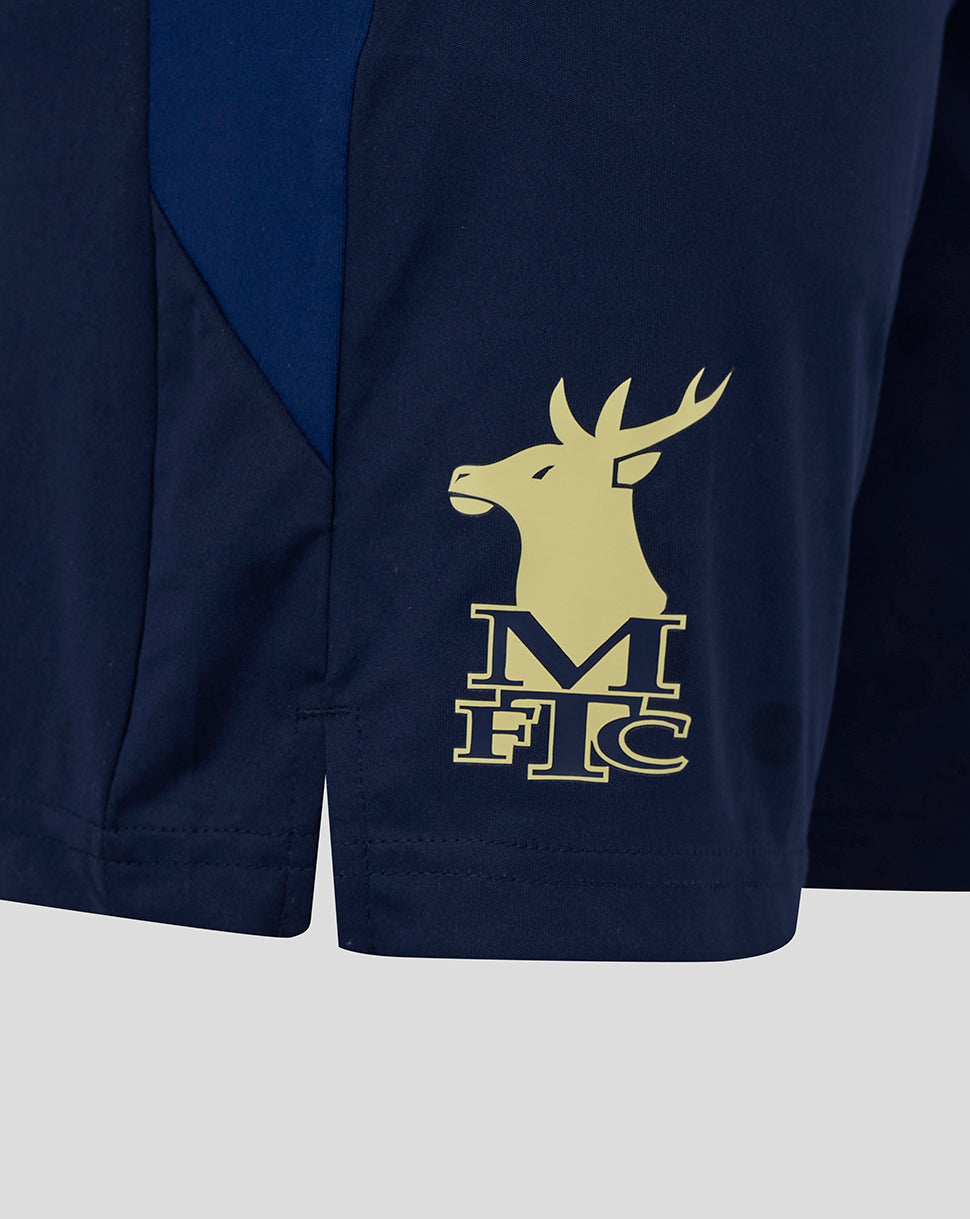 Navy Mansfield training shorts with side panels and a gold club crest on the right thigh