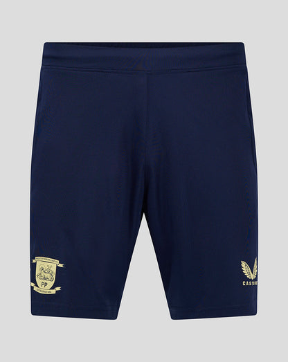 Back view of navy Preston training shorts with a gold crest on the left leg and Castore logo on the right