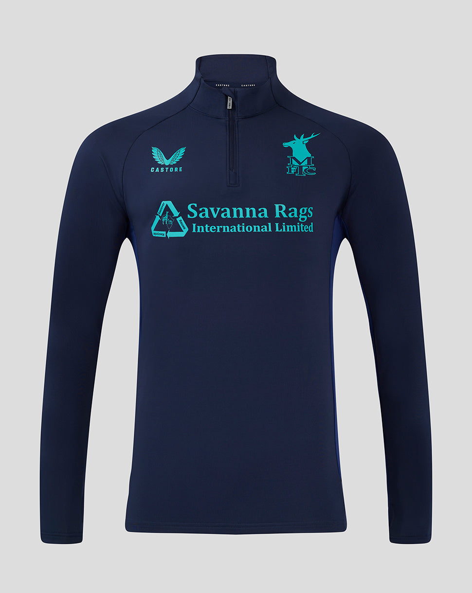 Front view of navy Mansfield Coaches Quarter Zip Training Top with funnel collar and turquoise Savanna Rags logo across the chest