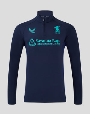 Front view of navy Mansfield Coaches Quarter Zip Training Top with funnel collar and turquoise Savanna Rags logo across the chest